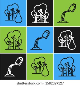 Set line Tree with pears, Watering can with water and Trees icon. Vector