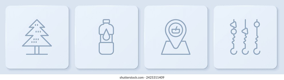 Set line Tree, Picnic location, Bottle of water and Grilled shish kebab skewer. White square button. Vector