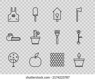 Set line Tree, Plant in pot, Retro wall watch, Apple, Kitchen apron, Cactus and succulent, Garden fence wooden and Grass weed electric string trimmer icon. Vector