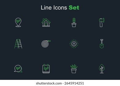 Set line Tree, Plant in pot, Calendar with autumn leaves, Leaf, Shovel, Sun, Garden hose and Wooden staircase icon. Vector