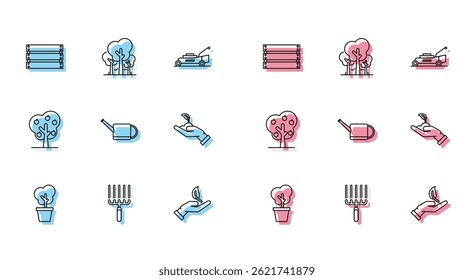 Set line Tree in pot, Garden rake work, Wooden box, Sprout hand of environmental protection, Watering can, with apple and Trees icon. Vector