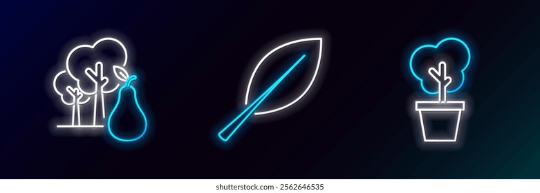 Set line Tree in pot, with pears and Leaf icon. Glowing neon. Vector