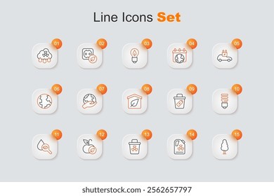 Set line Tree, Radioactive waste in barrel, Infectious, Apple, Drop and magnifying glass, LED light bulb, Trash can and Eco friendly house icon. Vector