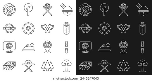 Set line Tree, Rasp metal file, Wooden logs, on stand, Circular saw blade, Electric circular,  and axe icon. Vector