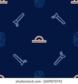 Set line Tree rings, Hand saw and Electric circular on seamless pattern. Vector