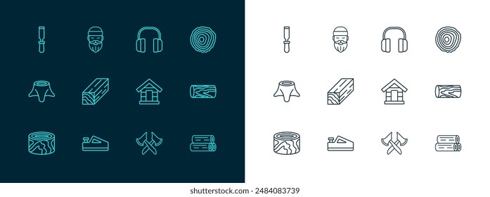 Set line Tree rings, Wood plane tool, Dog house, Wooden axe, beam, Headphones, Chisel and Lumberjack icon. Vector