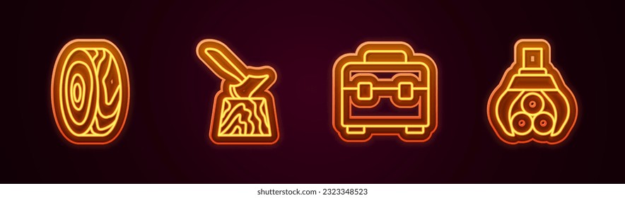 Set line Tree rings, Wooden axe stump, Toolbox and Grapple crane grabbed log. Glowing neon icon. Vector