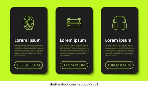 Set line Tree rings, Wooden box and Headphones. Business infographic template. Vector