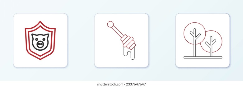 Set line Tree, Shield with pig and Honey dipper stick icon. Vector