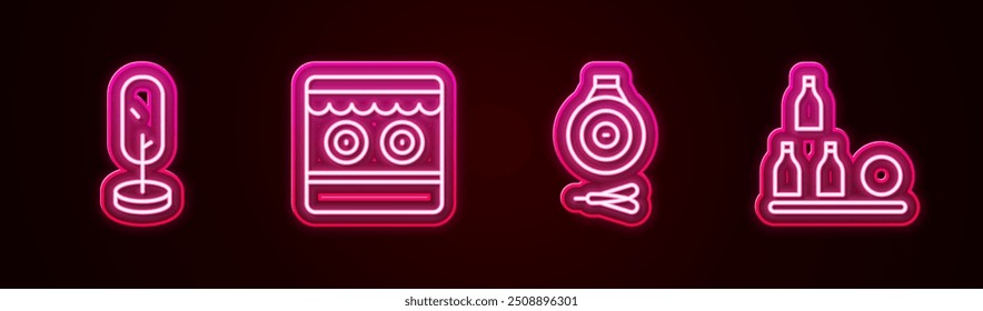 Set line Tree, Shooting gallery, Classic dart board and arrow and Bottles ball. Glowing neon icon. Vector