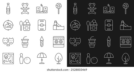 Set line Tree, Shooting gallery, Water slide, Home stereo with two speakers, Ice cream bowl, Hunt on rabbit crosshairs, Bottle of water and Hockey table icon. Vector