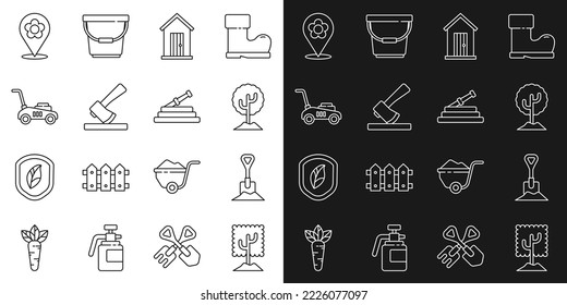 Set line Tree, Shovel in the ground, Farm house, Wooden axe, Lawn mower, Location with flower and Garden hose or fire hose icon. Vector
