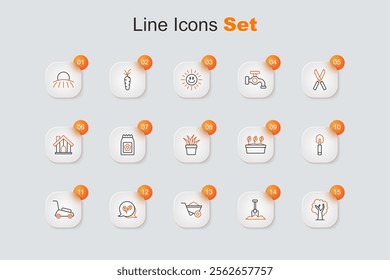 Set line Tree, Shovel, Wheelbarrow, Leaf, Lawn mower, Garden trowel spade or shovel, Plant in pot and  icon. Vector