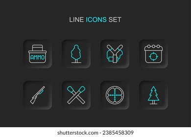 Set line Tree, Sniper optical sight, Burning match with fire, Hunting gun, Target sport, Slingshot,  and Ammunition box icon. Vector