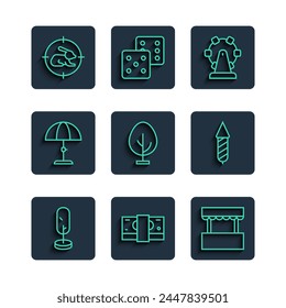 Set line Tree, Stacks paper money cash, Ticket box office, Ferris wheel, Sun protective umbrella, Hunt rabbit with crosshairs and Firework rocket icon. Vector