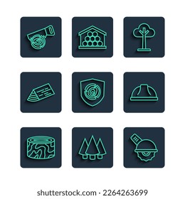 Set line Tree stump, Christmas tree, Electric circular saw, Wooden logs, beam, Hand and and Worker safety helmet icon. Vector