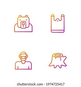 Set line Tree stump, Face in protective mask, Polar bear head and Plastic bag. Gradient color icons. Vector
