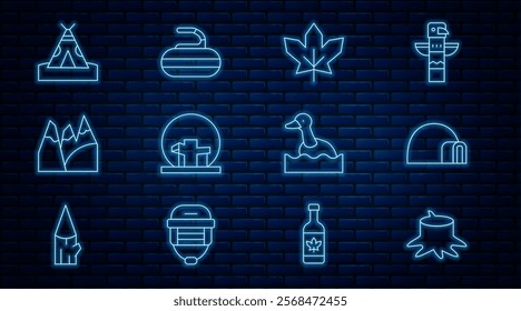 Set line Tree stump, Igloo ice house, Canadian maple leaf, Montreal Biosphere, Mountains, Indian teepee or wigwam, Flying duck and Stone for curling icon. Vector