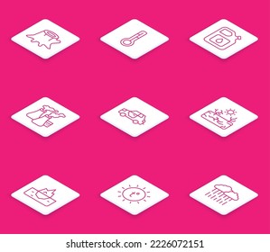 Set line Tree stump, Meteorology thermometer, Canister for gasoline, Smoke from factory, Car, Drought, Iceberg and Sun icon. Vector