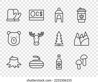 Set line Tree stump, Mushroom, Winter hat, Stone for curling, Christmas mitten, Moose head with horns, Beer bottle and Mountains icon. Vector