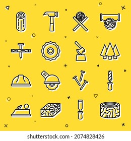 Set line Tree stump, Rasp metal file, Christmas tree, Wooden logs on stand, Circular saw blade, Metallic nail,  and axe in icon. Vector