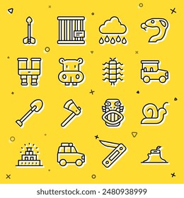 Set line Tree stump, Snail, Safari car, Cloud with rain, Hippo or Hippopotamus, Binoculars, Arrow and Centipede insect icon. Vector