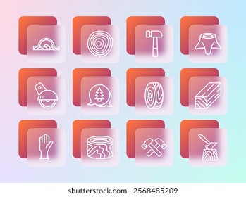 Set line Tree stump, Wooden logs, rings, Crossed hammer, Hammer, Electric circular saw and  icon. Vector