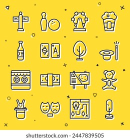 Set line Tree, Teddy bear plush toy, Magic hat and wand, Ferris wheel, Tarot cards, Bottle of water, Road traffic signpost and  icon. Vector