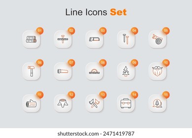 Set line Tree, Toolbox, Wooden axe, stump, log, Mustache and beard,  and Electric circular saw icon. Vector