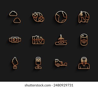 Set line Tree, Trash can, Cloud, Car exhaust, Face in protective mask, Glacier melting, Barrel oil and Wind turbine icon. Vector