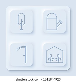 Set line Tree, Watering can, Scythe and Home greenhouse and plants. White square button. Vector
