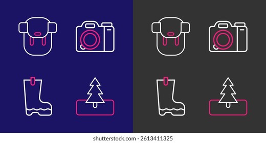 Set line Tree, Waterproof rubber boot, Photo camera and Hiking backpack icon. Vector