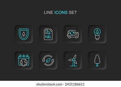 Set line Tree, Wind turbine, Electric saving plug leaf, World Earth day, Light bulb with, Garbage truck, Bio fuel canister and Shield icon. Vector