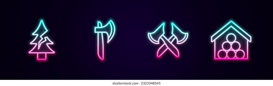 Set line Tree, Wooden axe,  and logs. Glowing neon icon. Vector