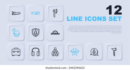 Set line Tree, Wooden axe, Shield with tree, Electric circular saw, Headphones, Chainsaw and Grapple crane grabbed log icon. Vector
