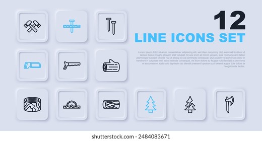 Set line Tree, Wooden axe, Hand saw, Hacksaw, Electric circular, Metallic nail and log icon. Vector