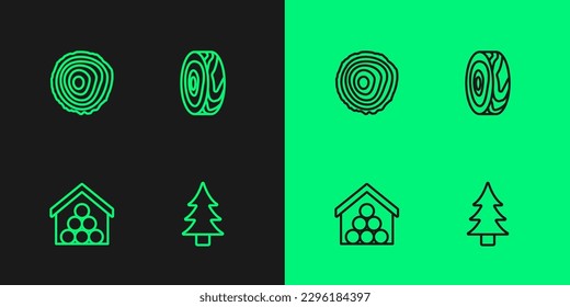 Establece el árbol de línea, los registros de madera, los anillos y el icono. Vector