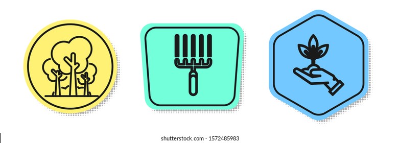 Set line Trees, Garden rake in work and Plant in hand of environmental protection. Colored shapes. Vector