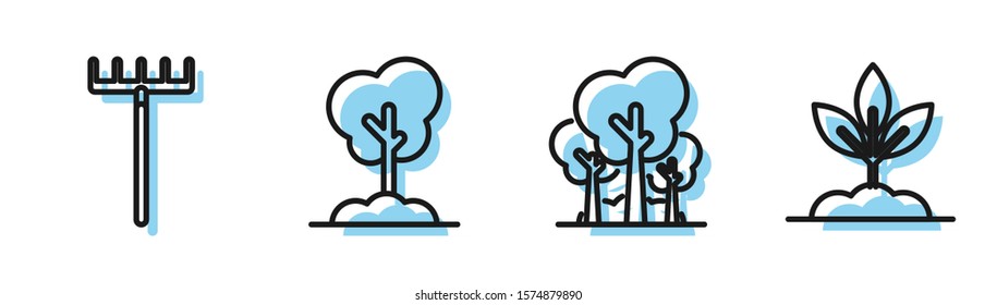Set line Trees, Garden rake, Tree in the ground and Plant icon. Vector