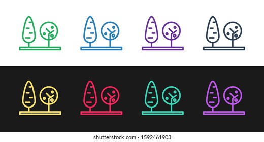 Set line Trees icon isolated on black and white background. Forest symbol.  Vector Illustration