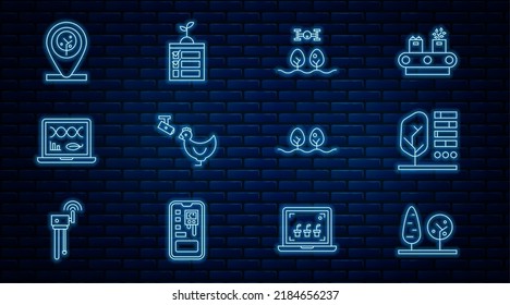 Set line Trees, Plant status, Smart farm with drone, Chicken and camera, Genetic engineering modification, Location tree,  and farming technology icon. Vector