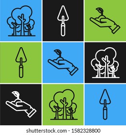 Set line Trees, Sprout in hand of environmental protection and Garden trowel spade or shovel icon. Vector