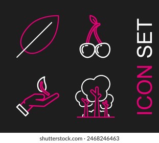 Set line Trees, Sprout in hand of environmental protection, Cherry and Leaf icon. Vector