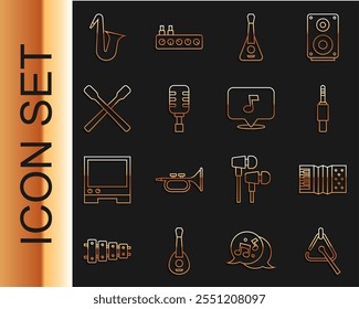 Set line Triangle, Accordion, Audio jack, Guitar, Microphone, Drum sticks, Musical instrument saxophone and note, tone icon. Vector