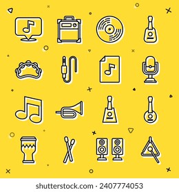 Set line Triangle, Banjo, Microphone, Vinyl disk, Audio jack, Tambourine, Musical note and book with icon. Vector