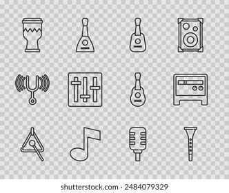 Set line Triangle, Clarinet, Guitar, Music note, tone, Drum, Sound mixer controller, Microphone and amplifier icon. Vector