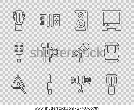 Set line Triangle, Drum, Stereo speaker, Audio jack, Guitar, Air headphones, Musical tuning fork and  icon. Vector