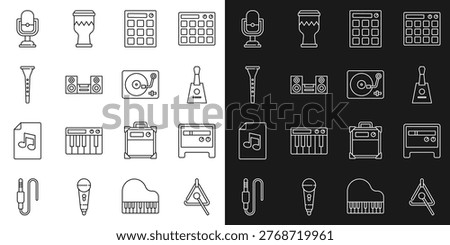 Set line Triangle, Guitar amplifier, Balalaika, Drum machine, Home stereo, Clarinet, Microphone and Vinyl player with vinyl disk icon. Vector