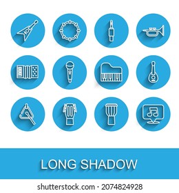 Set line Triangle, Guitar, Electric bass guitar, Drum, Music note, tone, Microphone,  and Grand piano icon. Vector