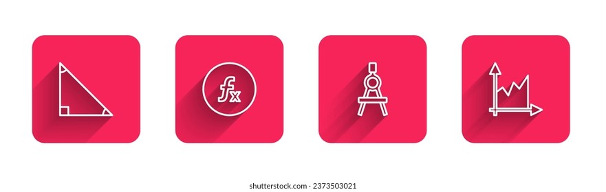 Set line Triangle math, Function mathematical symbol, Drawing compass and Graph, schedule, chart, diagram with long shadow. Red square button. Vector